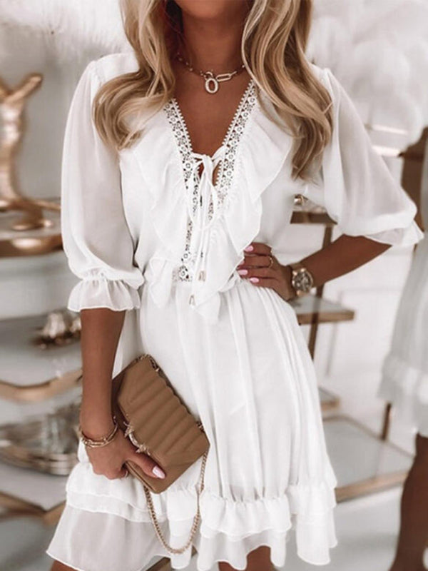 Levoire | Nouvelle arrivée robe décontractée en chiffon à col en V à motifs mosaïques Blanc