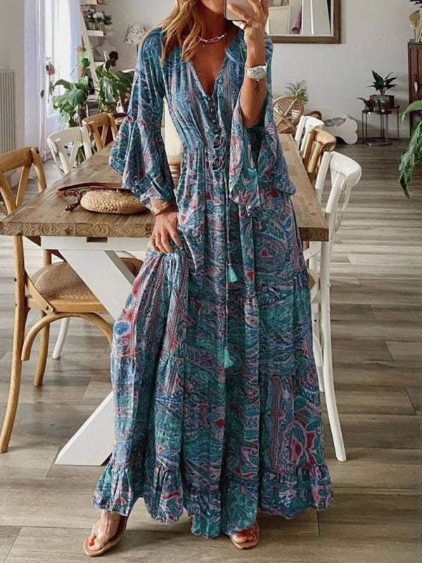 Levoire | Style bohème jupe trompette motif V-neck taille haute robe de vacances fleur femme jupe longue Bleu