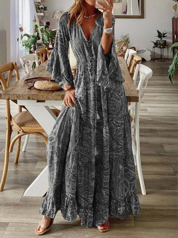 Levoire | Style bohème jupe trompette motif V-neck taille haute robe de vacances fleur femme jupe longue Gris