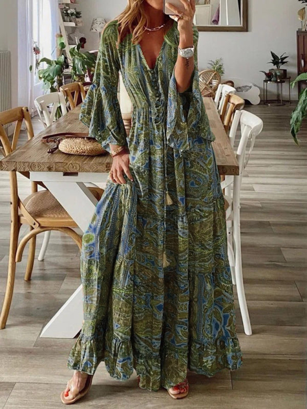 Levoire | Style bohème jupe trompette motif V-neck taille haute robe de vacances fleur femme jupe longue Vert