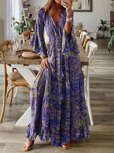 Levoire | Style bohème jupe trompette motif V-neck taille haute robe de vacances fleur femme jupe longue