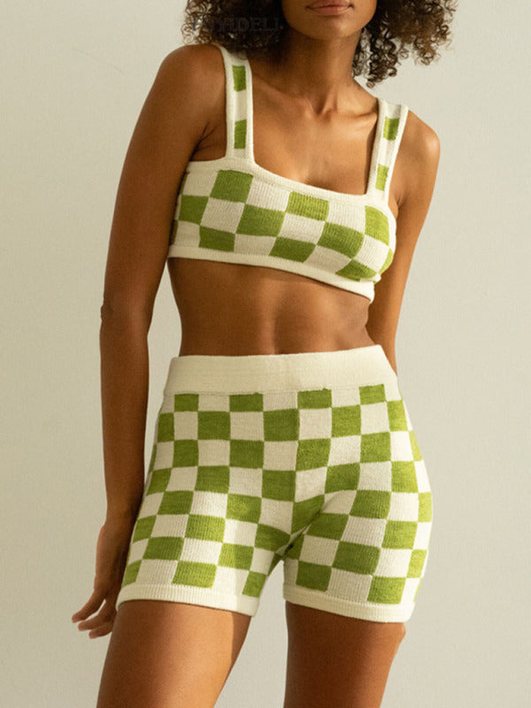 Levoire | Chemise à bretelles Shakkilauta pour femmes + Pantalons Ensemble deux pièces Vert