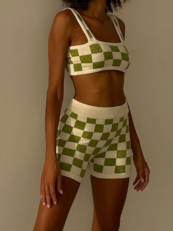 Levoire | Chemise à bretelles Shakkilauta pour femmes + Pantalons Ensemble deux pièces