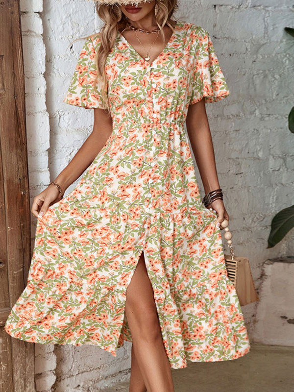 Levoire | Robe boutonnée pour dames avec fente et imprimé floral Blanco