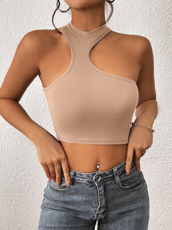Levoire | Femme Tricoté Col Rond Découpé Asymétrique Crop Top Khaki