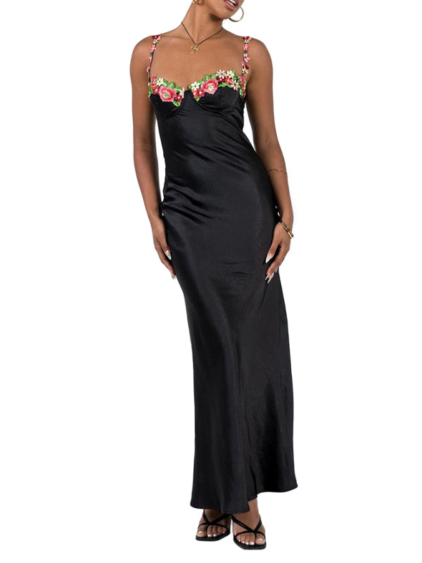 Levoire | Modish Sexy Brodé Spaghetti Top Couleur Long Robe