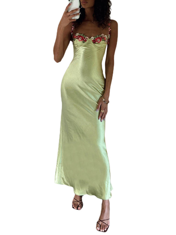 Levoire | Modish Sexy Brodé Spaghetti Top Couleur Long Robe