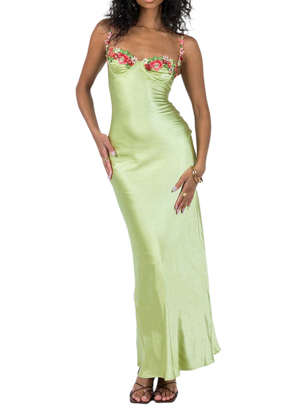 Levoire | Modish Sexy Brodé Spaghetti Top Couleur Long Robe