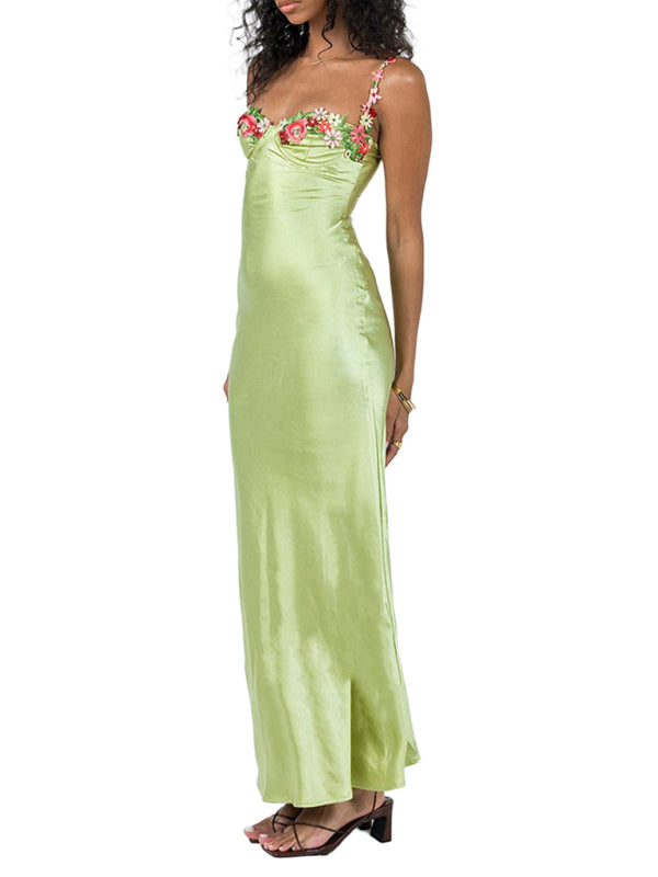 Levoire | Modish Sexy Brodé Spaghetti Top Couleur Long Robe