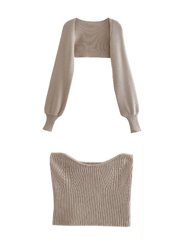 Levoire | Nouveau ensemble de débardeur tricoté sans manches + sexy haut en forme de tube Khaki