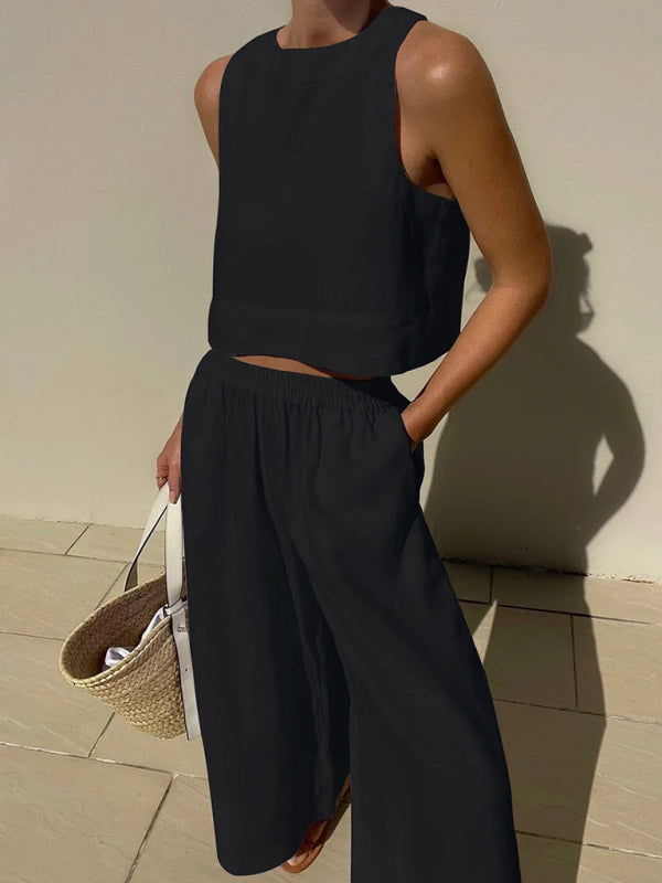 Levoire | Nouveau décontracté ample unicolore débardeur-pantalon ensemble deux pièces Musta