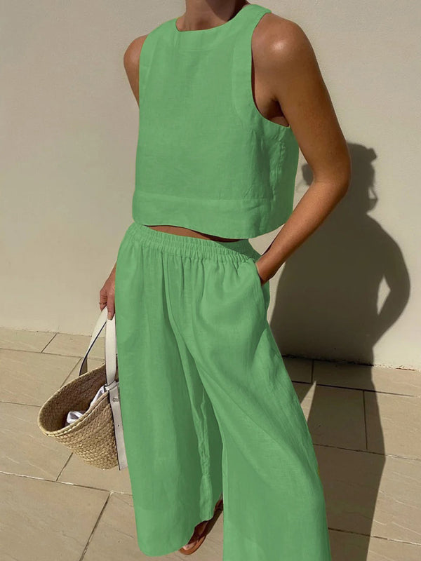 Levoire | Nouveau décontracté ample unicolore débardeur-pantalon ensemble deux pièces Vert