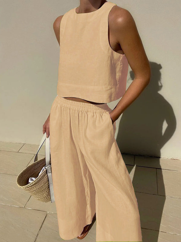 Levoire | Nouveau décontracté ample unicolore débardeur-pantalon ensemble deux pièces Khaki