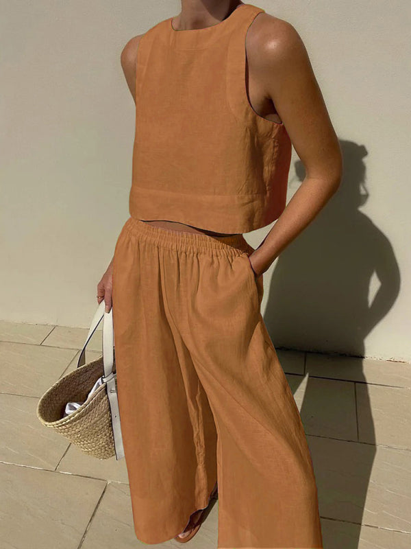 Levoire | Nouveau décontracté ample unicolore débardeur-pantalon ensemble deux pièces Orange Rouge