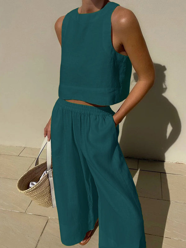 Levoire | Nouveau décontracté ample unicolore débardeur-pantalon ensemble deux pièces Paoninsininen
