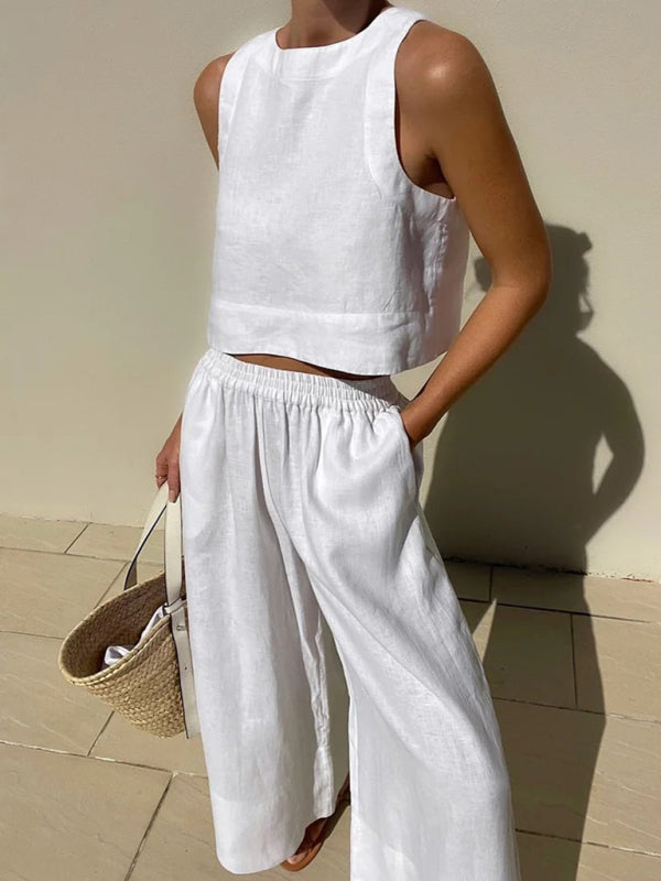 Levoire | Nouveau décontracté ample unicolore débardeur-pantalon ensemble deux pièces Blanc