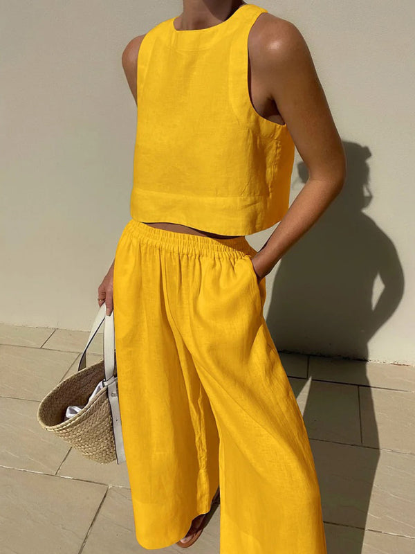 Levoire | Nouveau décontracté ample unicolore débardeur-pantalon ensemble deux pièces Jaune