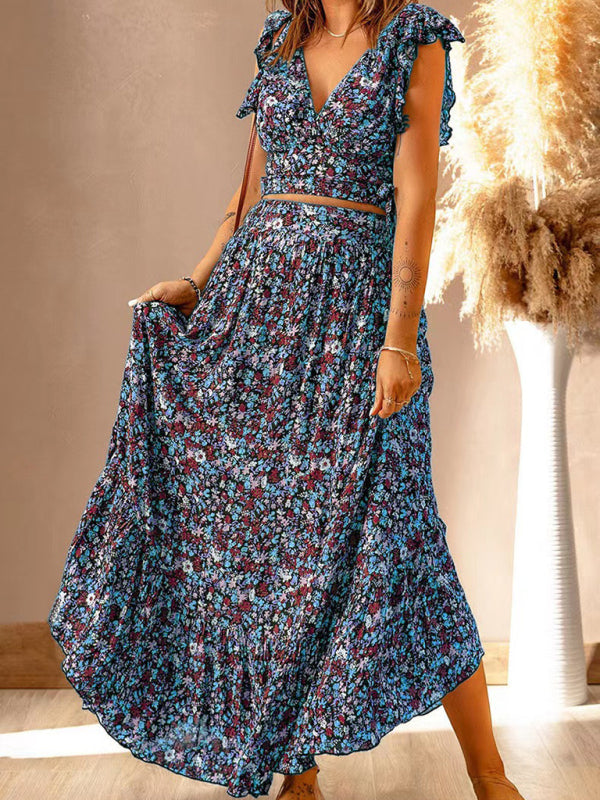 Levoire | Nouveau robe à manches courtes en tricot à col en V avec un motif floral dans une coupe étroite irrégulière Sininen