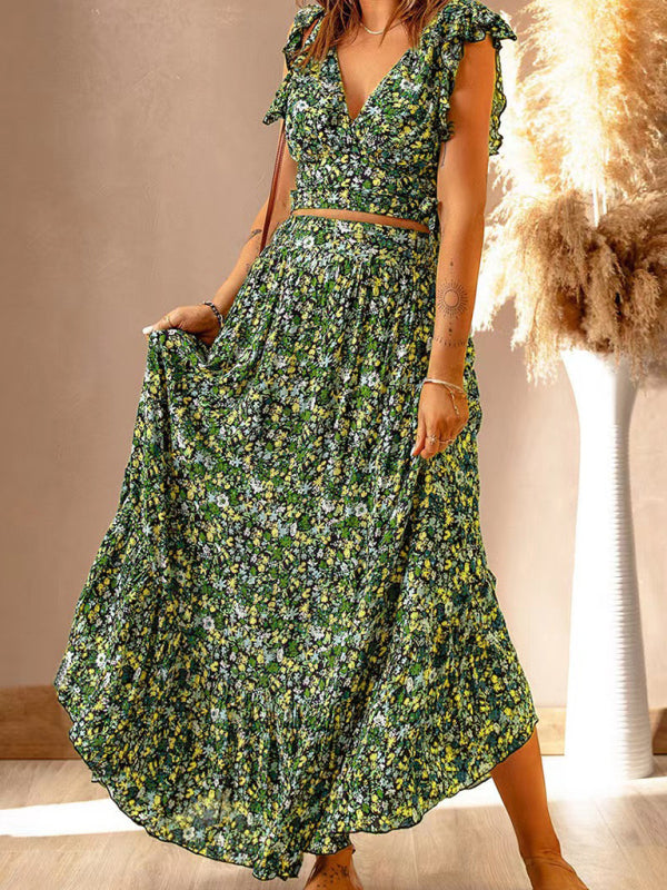 Levoire | Nouveau robe à manches courtes en tricot à col en V avec un motif floral dans une coupe étroite irrégulière Vert