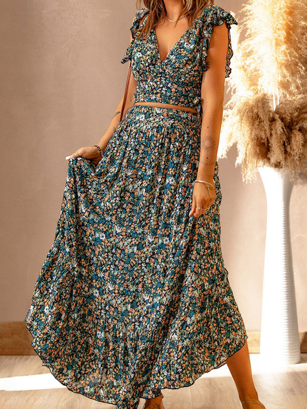 Levoire | Nouveau robe à manches courtes en tricot à col en V avec un motif floral dans une coupe étroite irrégulière Sikkerbleu
