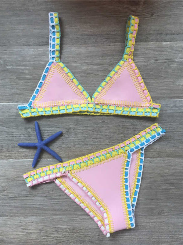 Levoire | Bikini en crochet à la main avec panneaux tricotés ensemble de maillot de bain Rosa