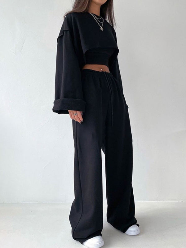 Levoire | Muoti Pull Longue Manches Peignoir + Sangles Pantalon Droit Large Ensemble Trois Pièces Musta