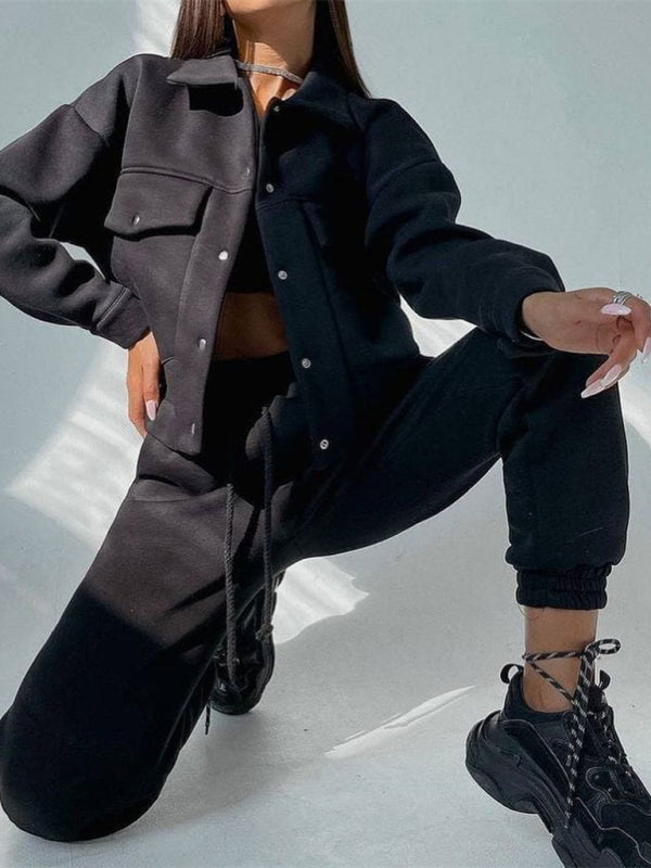 Levoire | Veste femme décontractée en pantalon combinaison à manches longues en deux parties Musta