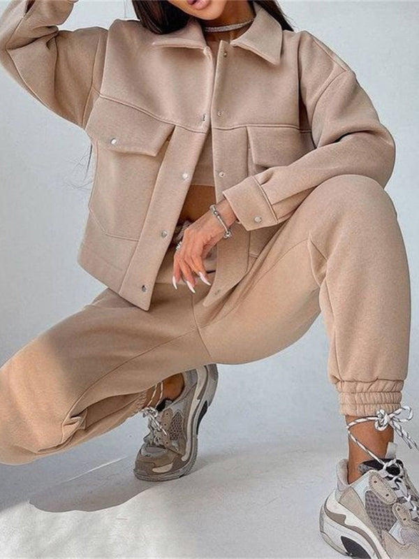 Levoire | Veste femme décontractée en pantalon combinaison à manches longues en deux parties Khaki