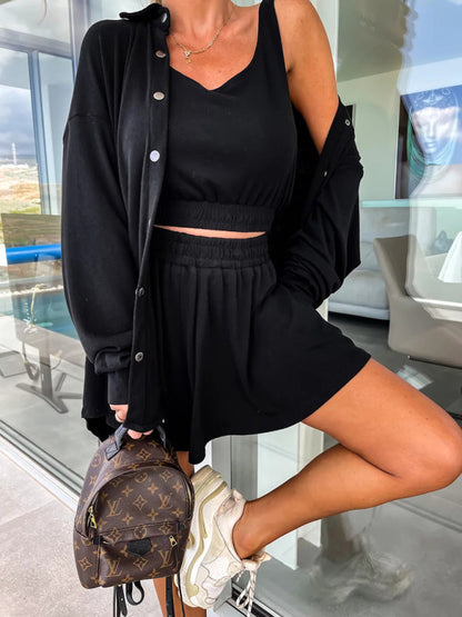 Levoire | Nouveau costume décontracté trois pièces INS vacances shorts amples pour femmes ensemble Musta