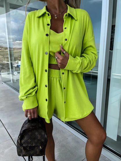 Levoire | Nouveau costume décontracté trois pièces INS vacances shorts amples pour femmes ensemble VertJaune