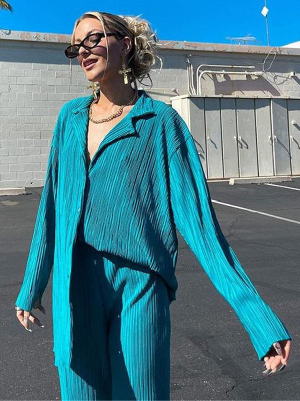 Levoire | Femmes Blouse Plissée Ensemble Pantalons Droits Épurés Drapé Deux Pièces Sininen