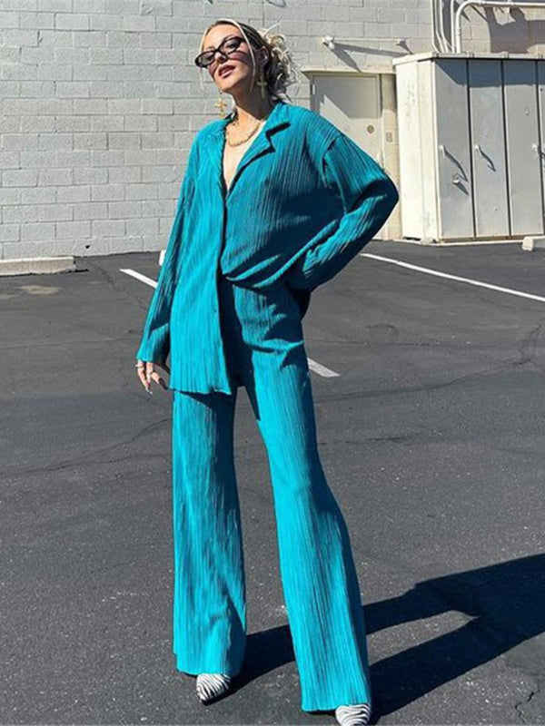 Levoire | Femmes Blouse Plissée Ensemble Pantalons Droits Épurés Drapé Deux Pièces