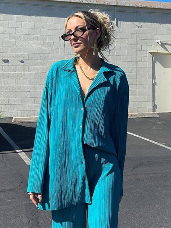 Levoire | Femmes Blouse Plissée Ensemble Pantalons Droits Épurés Drapé Deux Pièces