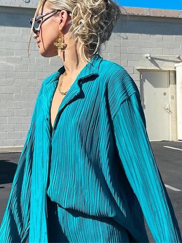 Levoire | Femmes Blouse Plissée Ensemble Pantalons Droits Épurés Drapé Deux Pièces