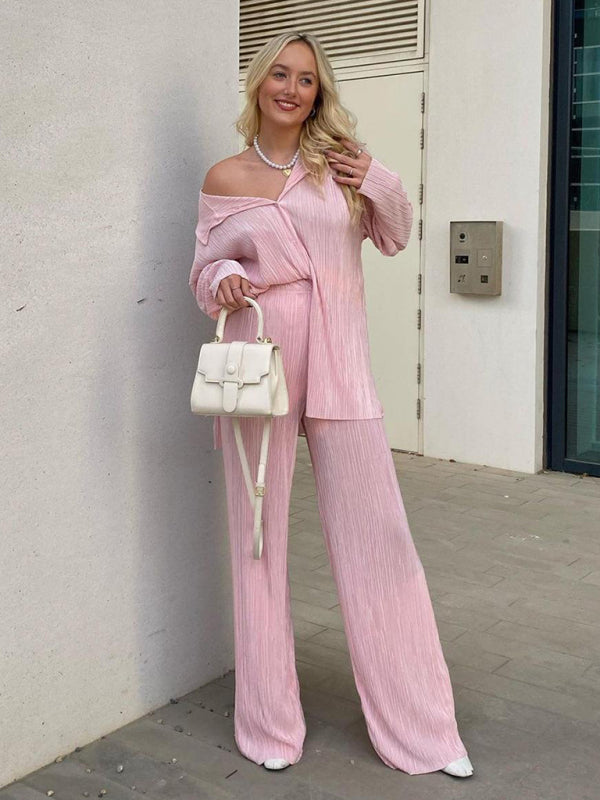 Levoire | Femmes Blouse Plissée Ensemble Pantalons Droits Épurés Drapé Deux Pièces