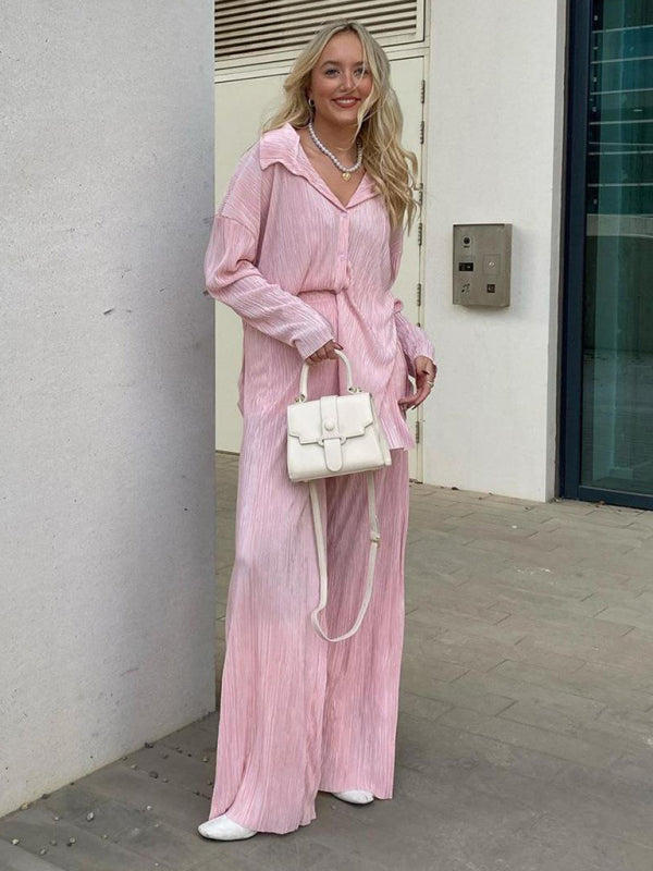 Levoire | Femmes Blouse Plissée Ensemble Pantalons Droits Épurés Drapé Deux Pièces