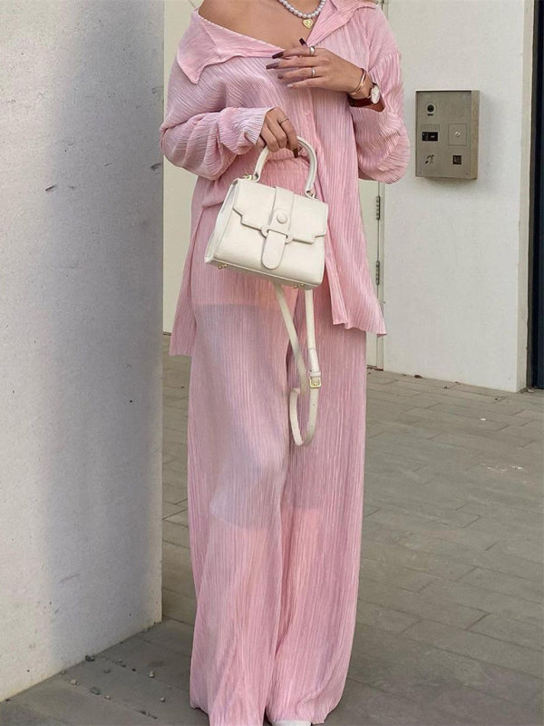 Levoire | Femmes Blouse Plissée Ensemble Pantalons Droits Épurés Drapé Deux Pièces Rosa
