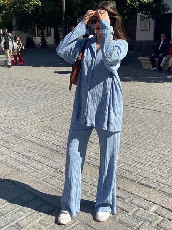 Levoire | Femmes Blouse Plissée Ensemble Pantalons Droits Épurés Drapé Deux Pièces