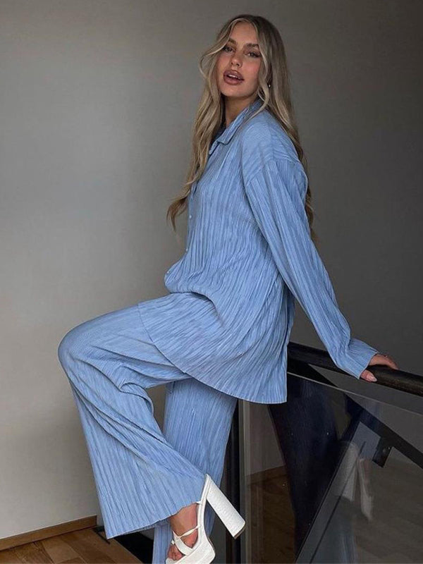 Levoire | Femmes Blouse Plissée Ensemble Pantalons Droits Épurés Drapé Deux Pièces
