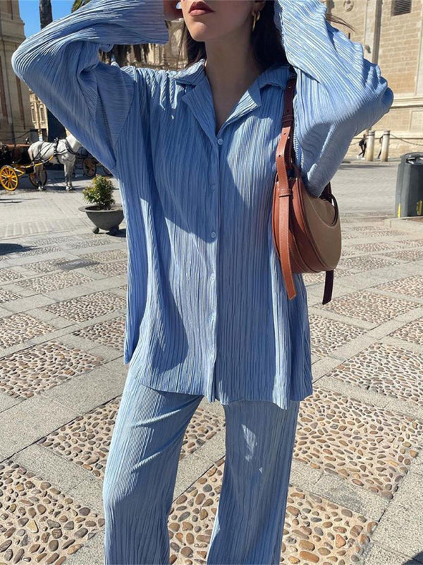 Levoire | Femmes Blouse Plissée Ensemble Pantalons Droits Épurés Drapé Deux Pièces Azul ciel
