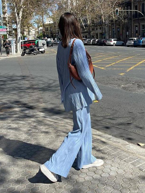 Levoire | Femmes Blouse Plissée Ensemble Pantalons Droits Épurés Drapé Deux Pièces