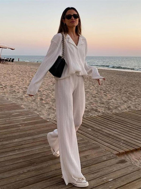 Levoire | Femmes Blouse Plissée Ensemble Pantalons Droits Épurés Drapé Deux Pièces