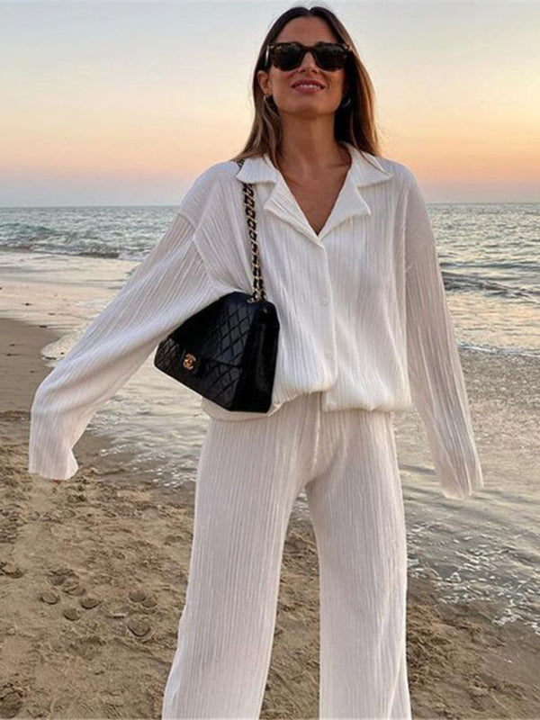 Levoire | Femmes Blouse Plissée Ensemble Pantalons Droits Épurés Drapé Deux Pièces Blanc