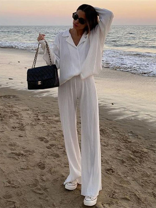 Levoire | Femmes Blouse Plissée Ensemble Pantalons Droits Épurés Drapé Deux Pièces