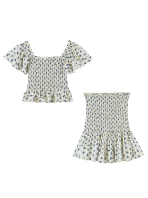 Levoire | Top fleuri sans manches volant pour femmes + ensemble jupe enveloppante Sininen