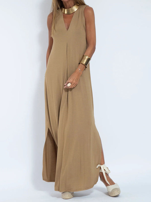 Levoire | Nouvelle robe unie à décolleté en V Khaki