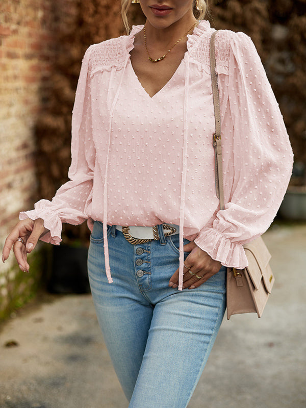 Levoire | Tempérament et élégant haut blouse à manches longues V encolure nouée Rosa