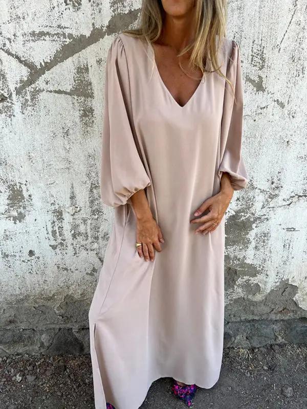 Levoire | Robe femme décontractée unie à col en V avec des manches ballon