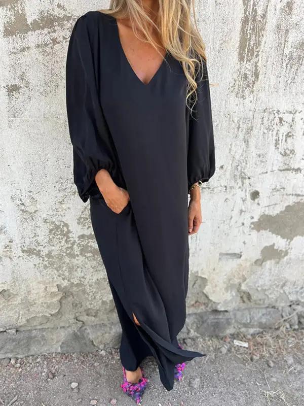 Levoire | Robe femme décontractée unie à col en V avec des manches ballon
