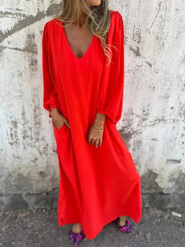 Levoire | Robe femme décontractée unie à col en V avec des manches ballon